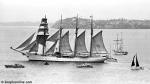 ID 2024 ESMERALDA (1953/3673grt, ex-DON JUAN DE AUSTRIA) accompanied by the top-sail schooner SPIRIT OF ADVENTURE (renamed SPIRIT OF THE PACIFIC) in background, sails from Auckland, New Zealand.